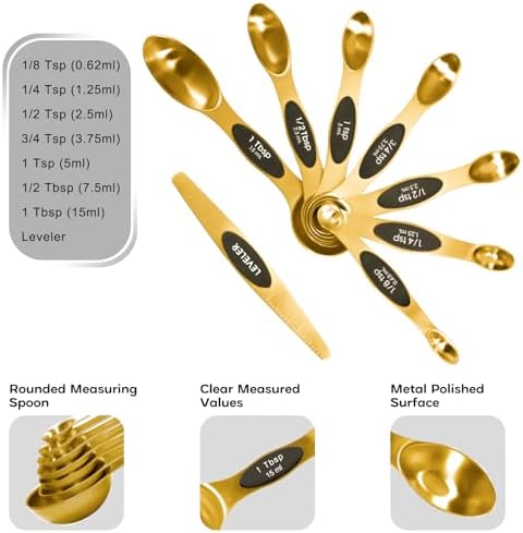 Magnetic Measuring Cups and Spoons Set of 15-304 Stainless Steel Gold