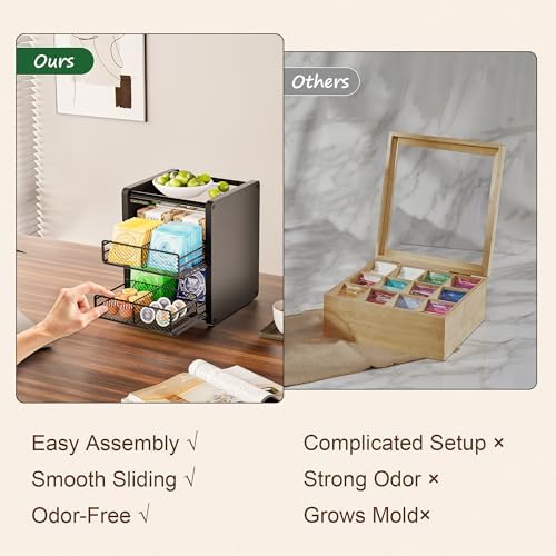 Tea Bag Organizer Box - Wooden Tea Bag Storage with 2 Drawers, Holder