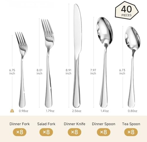 Silverware Set for 8, 40 Piece Heavy Duty 18/10 Stainless Steel Flatware Set, Mirror Polished Cutlery Utensils with Knives Forks & Spoons, Dishwasher Safe - HIKAA