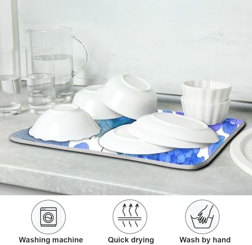 OTVEE Blue Hydrangea Blossom Decor Dish Drying Mat for Kitchen Counter
