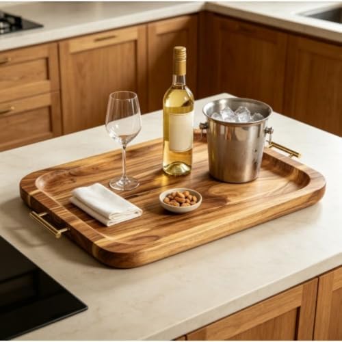 Rectangular Acacia Wood Serving Tray with Gold Handles, 22.5 x13 x1 in