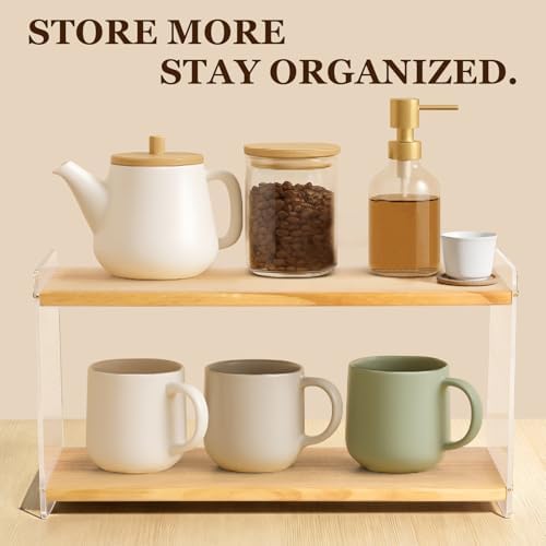 2-Tier Coffee Station Organizer & Matcha Shelf, Wood and Acrylic Mug