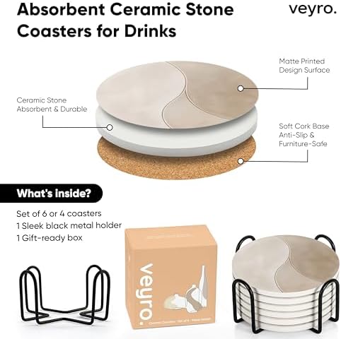 VEYRO Absorbent Ceramic Stone Drink Coasters Set of 6 with Holder
