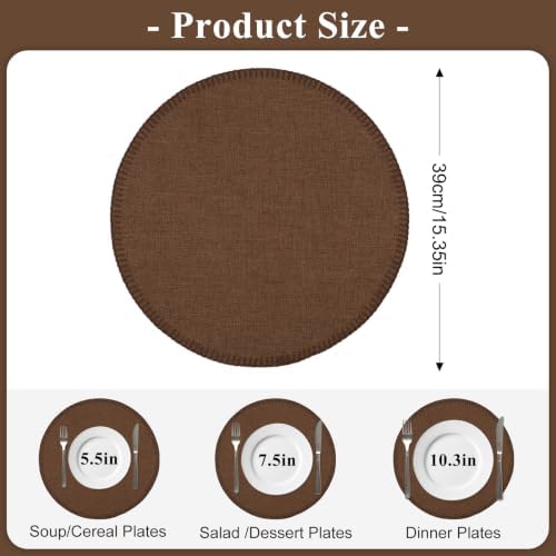15" Round Placemats Set of 6, Faux Linen Cloth Place Mats, Coffee