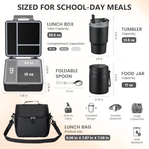Pawtong Lunch Box Set with 17OZ Food Thermo, Black