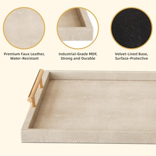Modern Decorative Tray Set of 2 Ivory Shagreen Leather and Wood