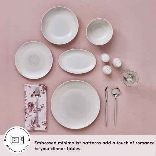 Karaca Forever Bone China Artiste 53-Piece Dinnerware Set for 12, White Porcelain Dining Set with Dinner Plates, Side Plates, Pasta Bowls, Cereal Bowls & Serving Platters