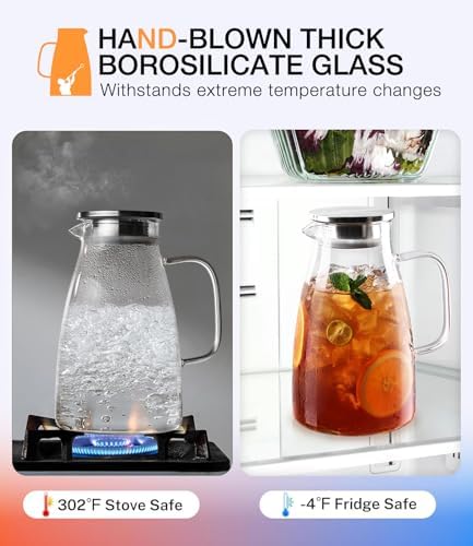 2 Liter 68oz Borosilicate Pitcher with Lid, Glass Jug with Handle and