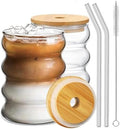 Ework4U 2 Pcs Drinking Glasses with Bamboo Lids and Glass Straw 14oz