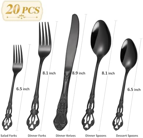 20 Pieces Black Gorgeous Retro Royal Silverware Set For 4,Stainless