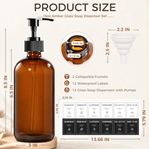 TBWIND 12 Pack 16oz Amber Glass Pump Bottles