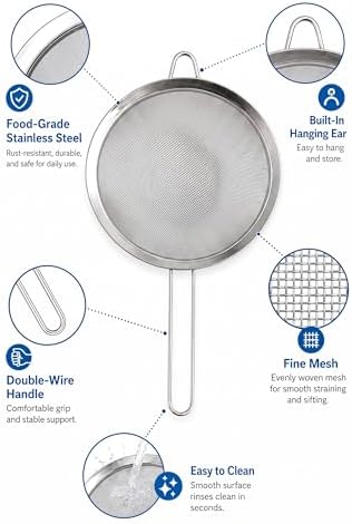 HiramWare Fine Mesh Strainer, Large Stainless Steel Colander with