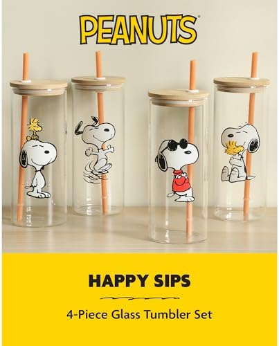 Peanuts Snoopy Happy Sips 4 Piece 23 OZ Tumbler Set with 4 Bamboo Lids