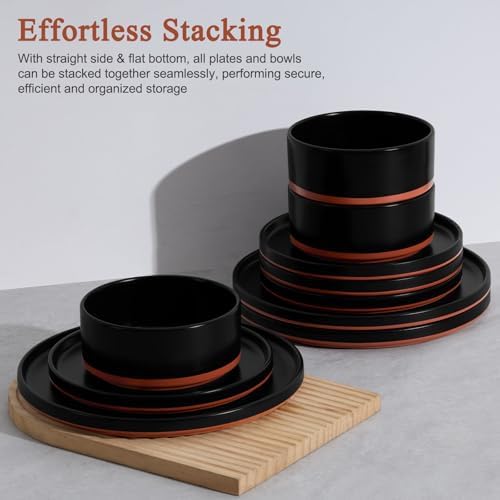 LIANYU 12 Pieces Porcelain Dinnerware Set, Dishes Set for 4, Charcoal