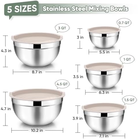 TeamFar Mixing Bowls Set of 5, Stainless Steel Metal Salad Bowls with