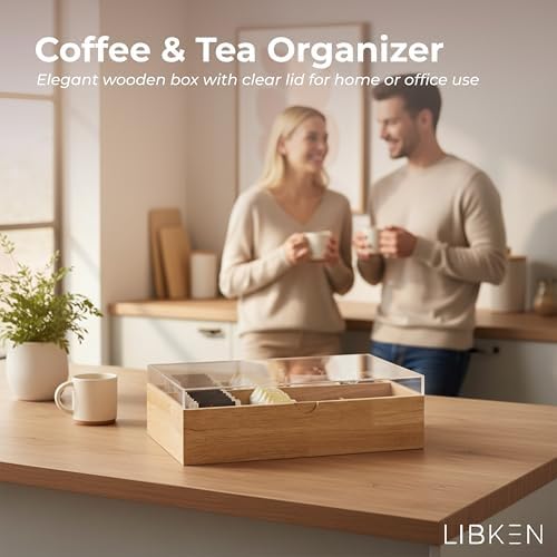 LIBKEN Wooden Tea Bag Organizer Box – 8 Compartment Tea Storage with