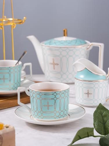 Serve of 4-Blue Teacup Set, with Teapot-Sugar Bowl-Creamer and Holder