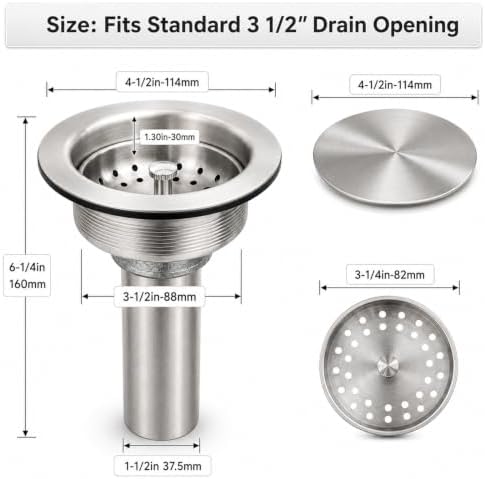 Silver Kitchen Sink Basket Strainer, Cover & 1-1/2" Tailpiece Kit
