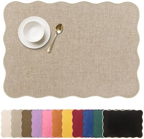 AHHFSMEI Faux Linen Placemats Set of 6 Scalloped Washable Heat