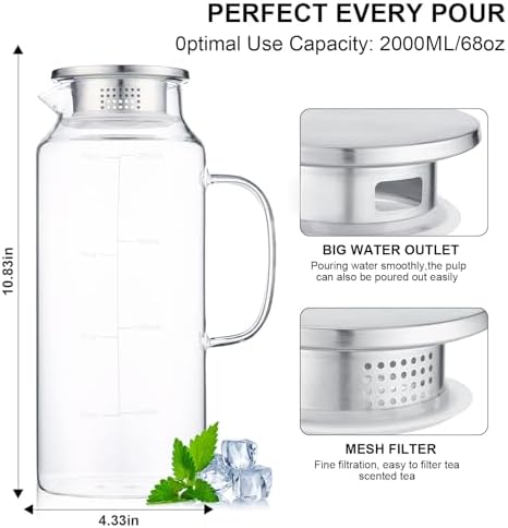 2-Pack Glass Pitcher with Lid, 68oz 2 Quart Water Pitchers With Handle