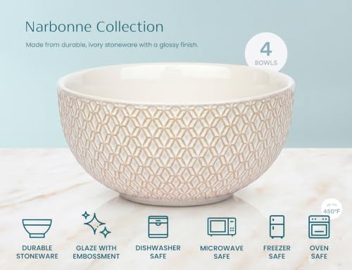KooK Ceramic Soup Bowls, Embossed, Oven Safe, 24 oz, Set of 4, Ivory