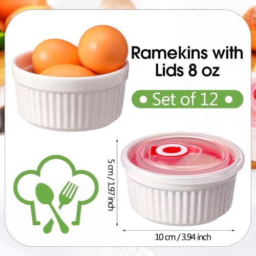 12 Pack White Ramekins 8 oz with Lids, Oven Safe Porcelain