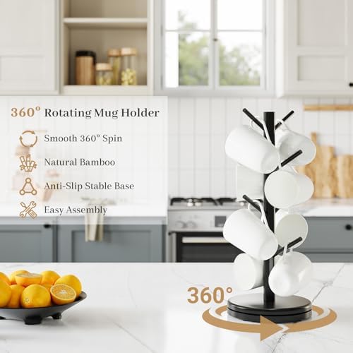 Mug Holder Tree, 360° Rotating Coffee Cup Rack, 8 Hooks