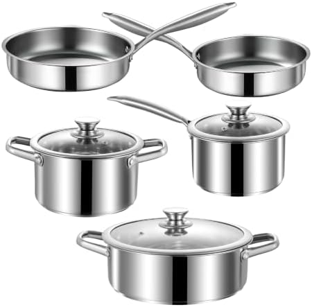Stainless Steel Pots and Pans Set, 8 Piece Kitchen Induction Cookware Sets with Glass Lids, Works with Induction, Electric and Gas Cooktops, Non Toxic, Oven & Dishwasher Safe