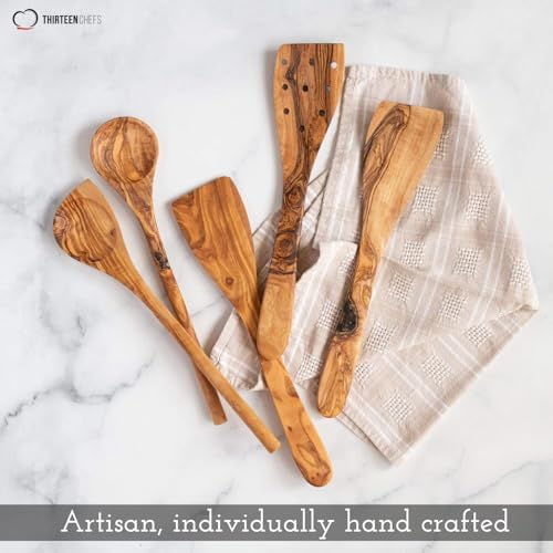 Tramanto Olive Wood Utensil Set - 5 Piece Spatula and Spoon Wooden