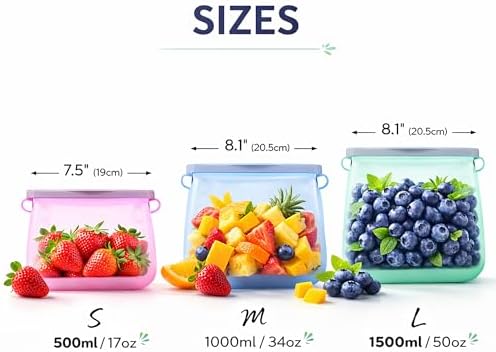 Silicone Reusable Food Storage Bags Set of 3 Leakproof Dishwasher and