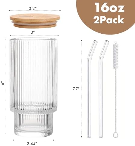 Glass Cups with Bamboo Lids and Straws - 16 oz Reusable
