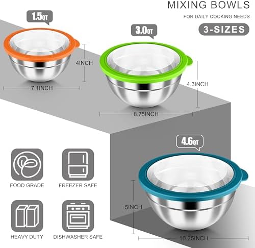 HaWare Mixing Bowls with Airtight Clear Lids, 6-Piece Stainless Steel