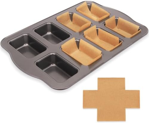 Mini Loaf Baking Pans Set 8-Cavity with 200 PCS Parchment Liners