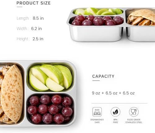 3 Pack Stainless Steel Snack Container, 3- Compartment Lunch Container