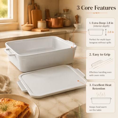 3.4" Deep Ceramic Casserole Dish with 2-in-1Lid, 4.8 QT, 9x13 inch