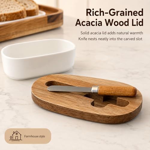 Butter Dish with Lid – Acacia Wood Cover & Ceramic Base, Butter Holder