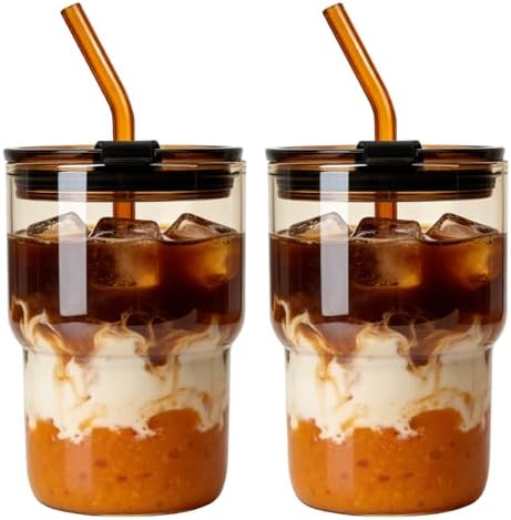 Luxfuel 16 oz Glass Cups with Lids and Straws Reusable Iced Coffee
