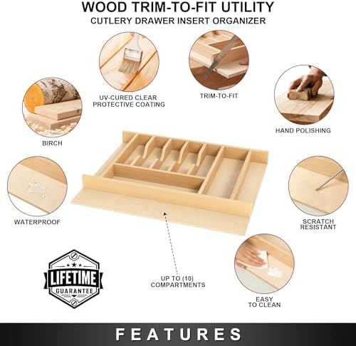 Clikuutory Natural Birch Wood Utensil Drawer Insert Organizer with 10