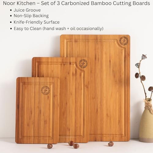 Carbonized Bamboo Cutting Board Set of 3 - Premium Wood Grain, Extra