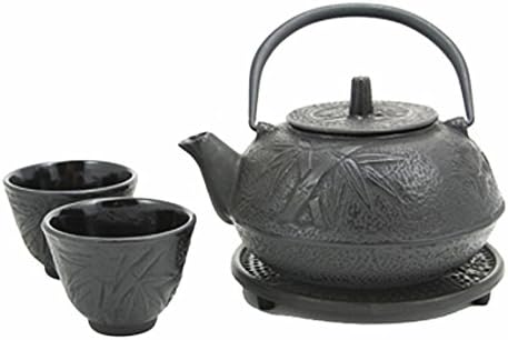 Happy Sales HSCT-BMB03, Cast Iron Tea Pot Tea Set Bamboo Black
