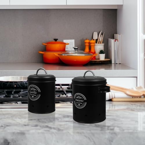 2pcs Black Metal Vegetable Storage Bin with Lid and Ventilation Holes