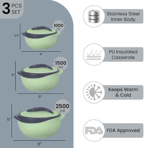 Pinnacle Insulated Casserole Dish with Lid 3 pc. Set 2.6/1.5/1 qt. Hot Pot Food Warmer/Cooler –Thermal Soup/Salad Serving Bowl- Stainless Steel Hot Food Container–Best Gift Set for Moms –Holidays
