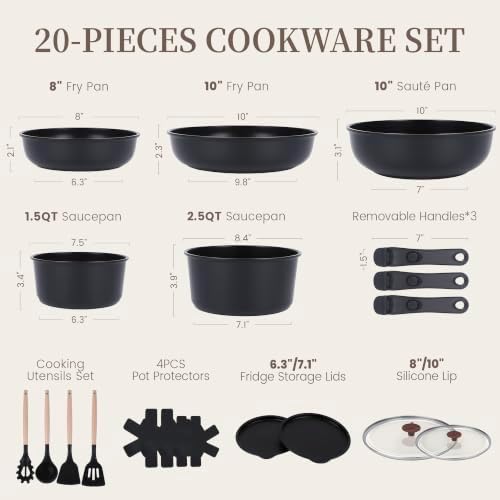 20-Piece Ceramic Pots and Pans Set, Nonstick Cookware Set with