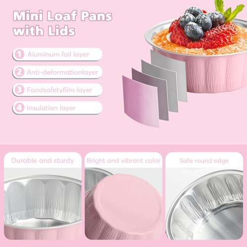 8oz 100pcs Mini Loaf Pans with Lids and Spoons,Round Pink Small Loaf