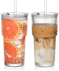 20oz Ribbed Glass Cups with Lids and Straws,2PCS Glass Tumbler with