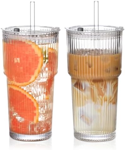 20oz Ribbed Glass Cups with Lids and Straws,2PCS Glass Tumbler with