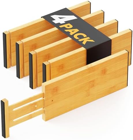 SpaceAid Bamboo 4 Pack Dresser Drawer Dividers, 4.65“ High Adjustable