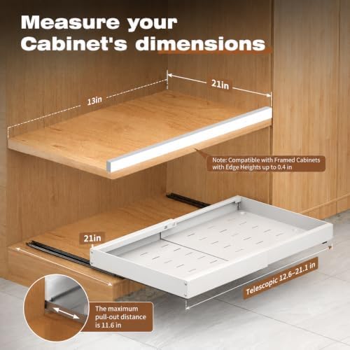 1 Pack Pull Out Cabinet Organizer Expandable,16.53" Deep | Pull Out Drawers for Cabinets with Adjustable width from 12.6" to 21" Sliding Drawers for Cabinets with Heightening Pad No Drill for Kitchen