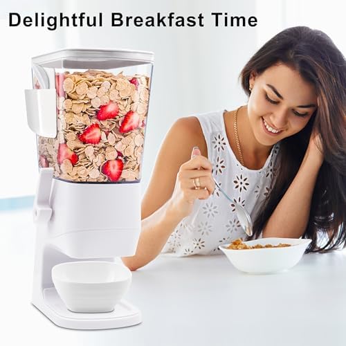 Cereal Dispenser Countertop with Bowls Spoons Cutlery Box, 3.2L Cereal Containers Storage Snack Dispenser for Pantry, Dry Food Dispenser for Snack, Oatmeal, White, 1Pc