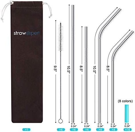 StrawExpert Set of 16 Reusable Stainless Steel Straws with Travel Case